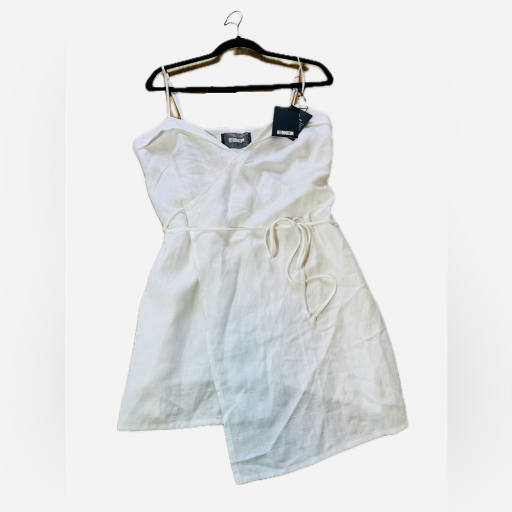 Reformation Linen Wrap Dress Cruz White Mini Large NWT *Altered